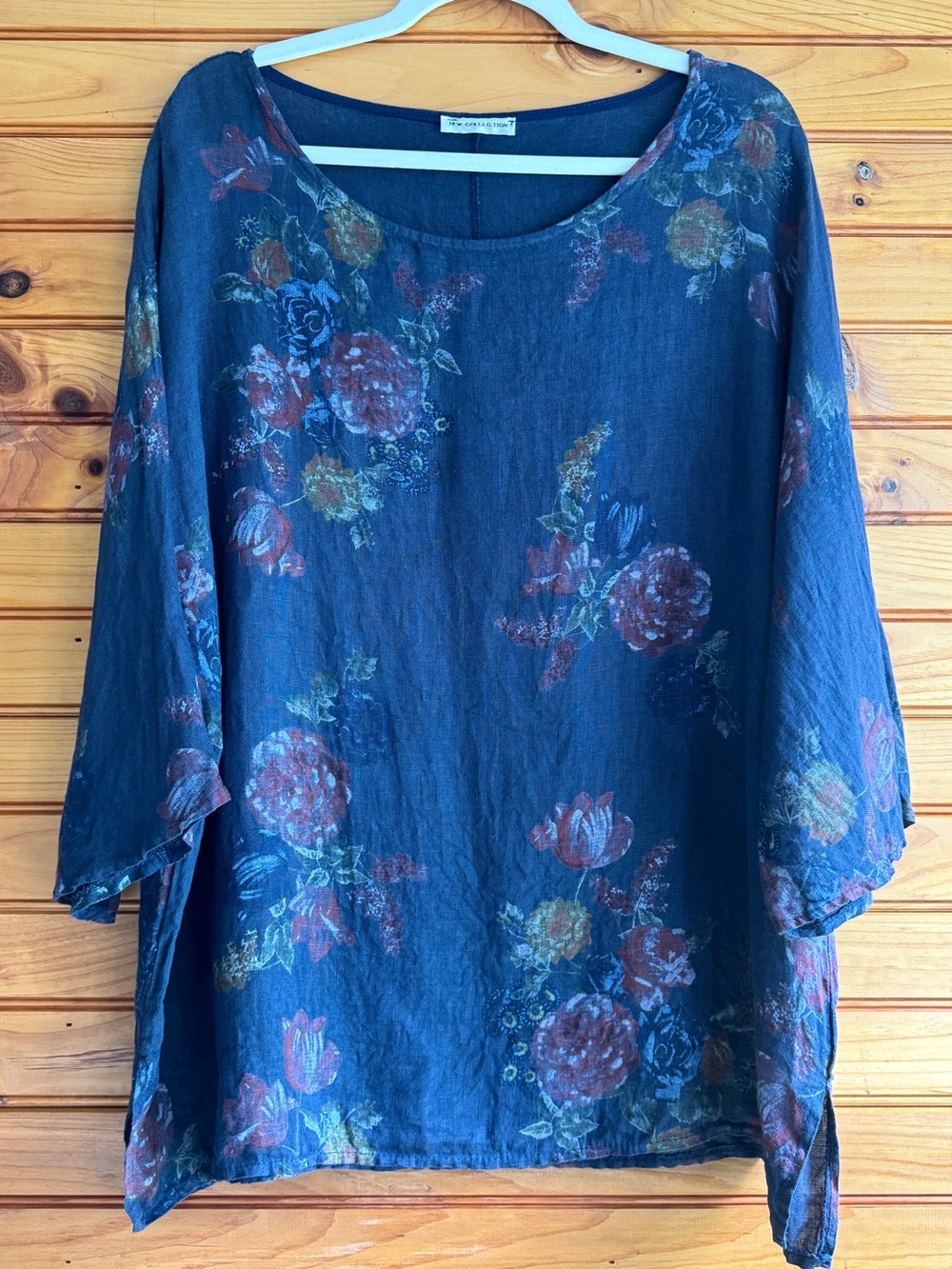 New Collection Made in Italy Linen Floral Top Oversized Lagenlook Blue OS